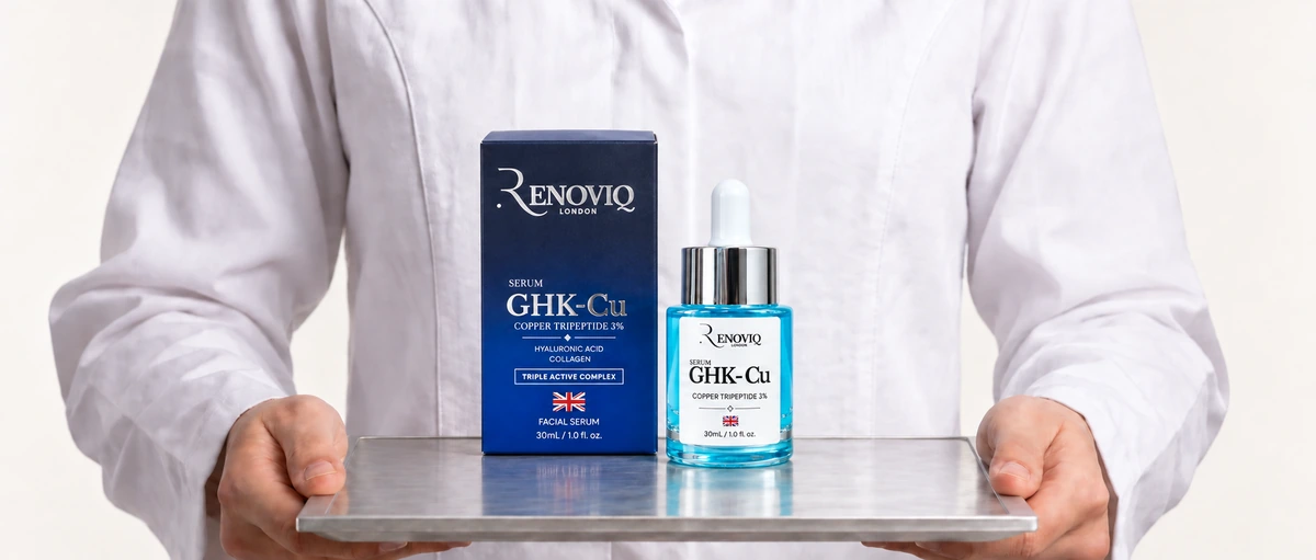 Renoviq GHK-Cu serum presented on a silver tray